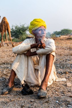 Pushkar, Rajasthan / India - November 2019 : Portrait of an old rajasthani man smoking at fair ground in yellow turban and ethnic rajasthan white dress for male with camels in the background