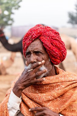 Pushkar, Rajasthan / Hindistan - Kasım 2019: Pulkar deve fuarı. 