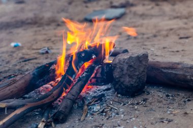 Pushkar, Rajasthan / India - November 2019 :  Bonfire being used to get warm during the camel fair in late nights and earlr morning