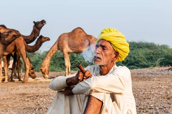 Pushkar Rajasthan Inde Novembre 2019 Portrait Vieil Homme Rajasthan Fumant — Photo