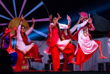 Bikaner, Rajasthan / Hindistan - Ocak 2019: Punjab 'dan sanatçılar bikaner deve festivali sırasında ünlü bhangra dansı yaptılar