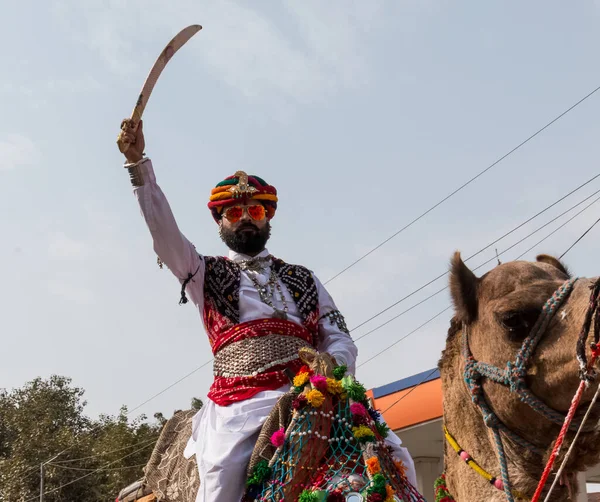 stock image Bikaner, Rajasthan / India - January 2019 : Portrait of rajput man from bikaner in ethnic dress and jewelry at pushkar camel festivalrajput
