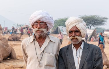 PUSHKAR, RAJASTHAN / INDIA - NOVEMBER 2019: Deve tüccarı / Hintli adamın etnik rajasthani elbisesi ve renkli sarıklı (Pagdi) deve panayırında develeri olan portresi