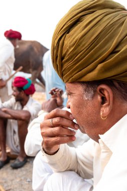 PUSHKAR, RAJASTHAN / INDIA - NOVEMBER 2019: Deve tüccarı / Hintli adamın etnik rajasthani elbisesi ve renkli sarıklı (Pagdi) deve panayırında develeri olan portresi