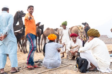 PUSHKAR, RAJASTHAN / INDIA - NOVEMBER 2019: Deve tüccarı / Hintli adamın etnik rajasthani elbisesi ve renkli sarıklı (Pagdi) deve panayırında develeri olan portresi