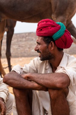 PUSHKAR, RAJASTHAN / INDIA - NOVEMBER 2019: Deve tüccarı / Hintli adamın etnik rajasthani elbisesi ve renkli sarıklı (Pagdi) deve panayırında develeri olan portresi