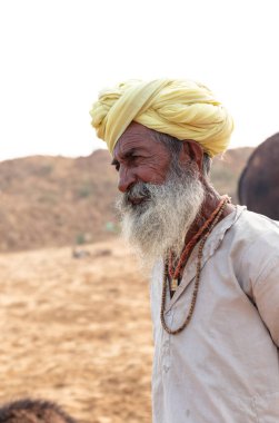 PUSHKAR, RAJASTHAN / INDIA - NOVEMBER 2019: Deve tüccarı / Hintli adamın etnik rajasthani elbisesi ve renkli sarıklı (Pagdi) deve panayırında develeri olan portresi