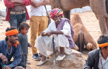 PUSHKAR, RAJASTHAN / INDIA - NOVEMBER 2019: Pushkar Deve Fuarında Rajastahni insan ve develerin portresi