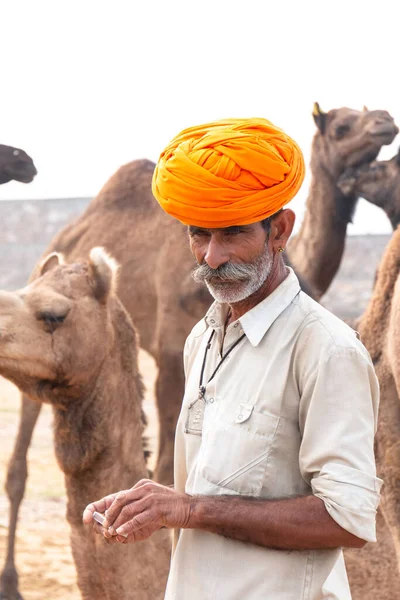 Pushkar Rajasthan India November 2019 Portrait Camel Trader Indian Man — стоковое фото