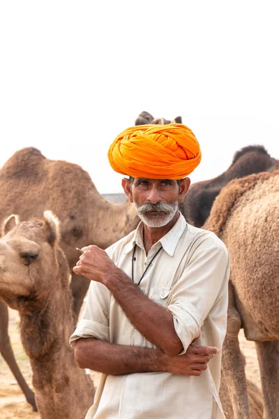 Pushkar Rajasthan Inde Novembre 2019 Portrait Chameau Commerçant Homme Indien — Photo