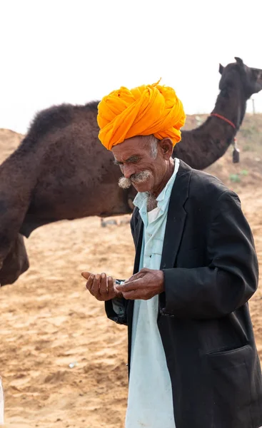 Pushkar Rajasthan India November 2019 인종적으로 레이시아 드레스를 인도인의 낙타의 — 스톡 사진