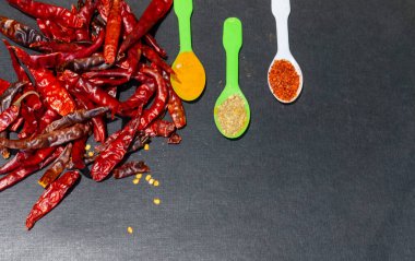 Sağlıklı ve organik baharatlar ve siyah ahşap kaplamalı bitkiler.