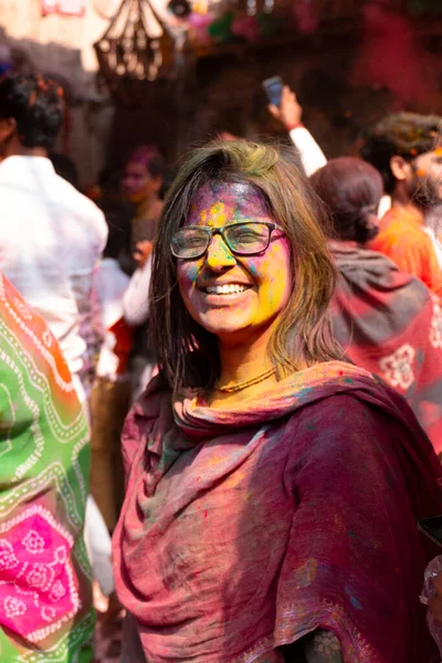 Barsana Uttar Pradesh India Marzec 2020 Indianie Uczestniczący Słynnym Kolorowym — Zdjęcie stockowe