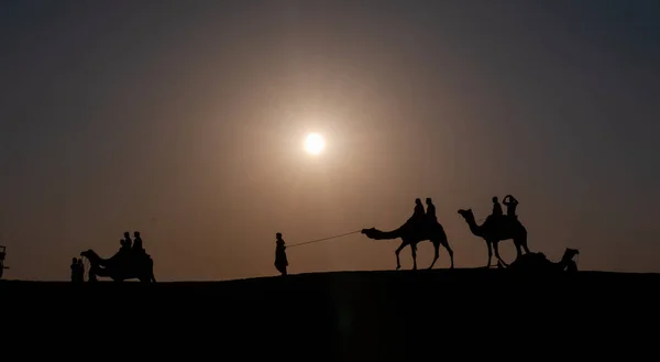 印度贾塞尔默的圣杜尼斯沙漠日落时的一个男人和骆驼的轮廓 — 图库照片