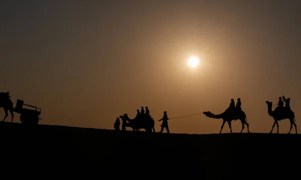 Silueta Hombre Camellos Durante Puesta Del Sol Desierto San Dunas —  Fotos de Stock