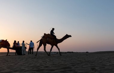 Gün batımında Jaisalmer, Hindistan 'daki San Dunes çölünde bir adamın silueti ve develer.