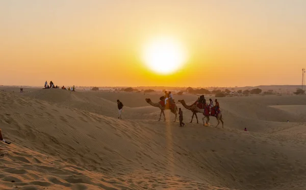 Silhueta Homem Camelos Durante Pôr Sol Deserto San Dunes Jaisalmer — Fotografia de Stock