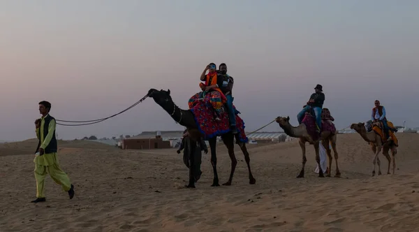 Kamelförare Med Kameler Sanddynerna Thar Desert Jaisalmer Indien — Stockfoto