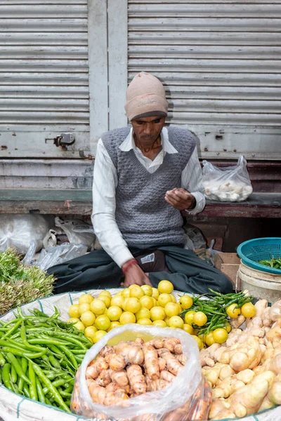 Old Delhi Chandni Chowk Market, Hindistan 'da sebze satan sokak satıcısı, Kasım 2019