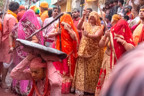 Barsana Uttar Pradesh Índia Março 2020 Pessoas Celebram Tradicional Ritualístico — Fotografia de Stock