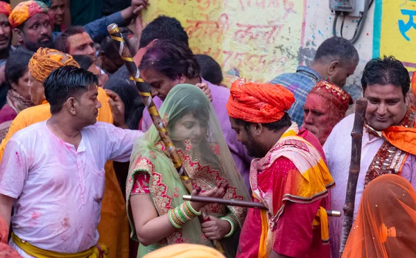 Barsana Uttar Pradesh India Mars 2020 Människor Firar Det Traditionella — Stockfoto