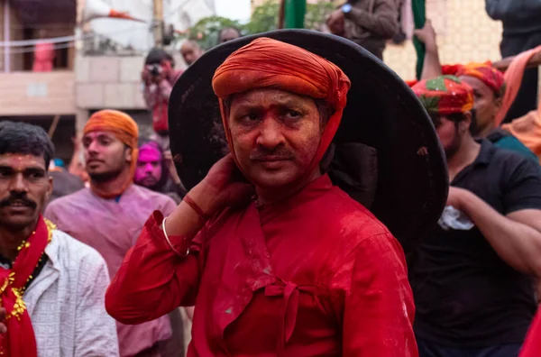 Barsana Uttar Pradesh Índia Março 2020 Pessoas Celebram Tradicional Ritualístico — Fotografia de Stock