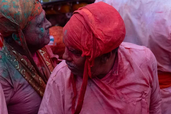 Barsana Uttar Pradesh Índia Março 2020 Pessoas Celebram Tradicional Ritualístico — Fotografia de Stock