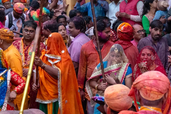 Barsana Uttar Pradesh Índia Março 2020 Pessoas Celebram Tradicional Ritualístico — Fotografia de Stock