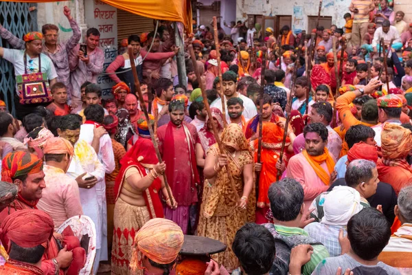 Barsana Uttar Pradesh Índia Março 2020 Pessoas Celebram Tradicional Ritualístico — Fotografia de Stock