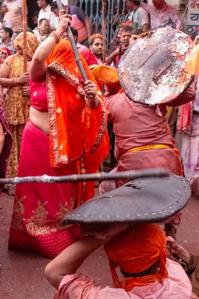 Barsana Uttar Pradesh Índia Março 2020 Pessoas Celebram Tradicional Ritualístico — Fotografia de Stock