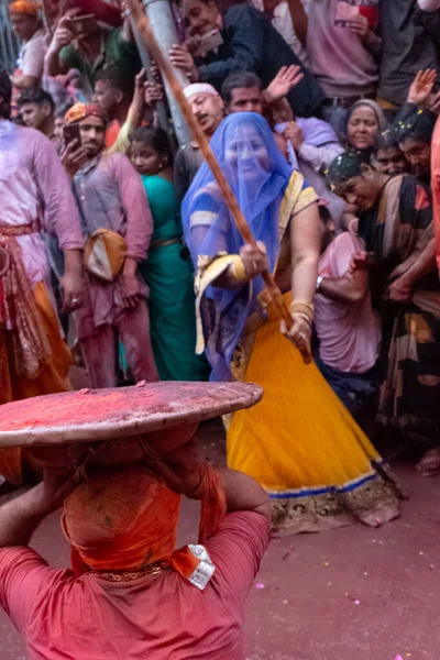 Barsana Uttar Pradesh Índia Março 2020 Pessoas Celebram Tradicional Ritualístico — Fotografia de Stock