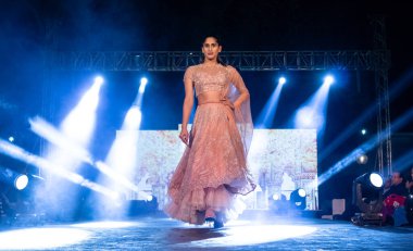Aralık 2020 'de Yeni Delhi, Hindistan' daki moda fuarında bir model modacı etnik bahar koleksiyonu giyerek podyumda yürüyor.