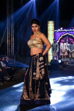 Aralık 2020 'de Yeni Delhi, Hindistan' daki moda fuarında bir model modacı etnik bahar koleksiyonu giyerek podyumda yürüyor.