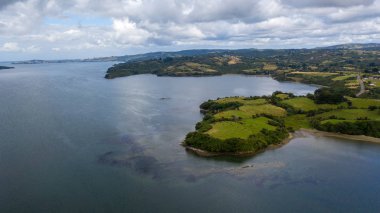Çayırları olan küçük bir penisülün havadan görünüşü