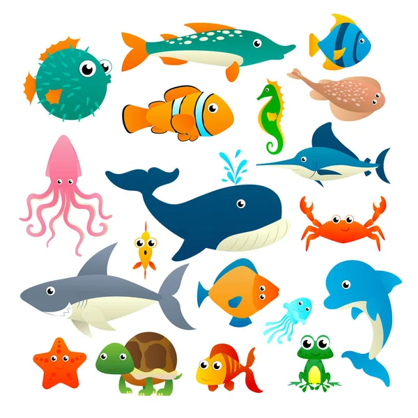 Big collection cartoon sea animals — Stock Vector