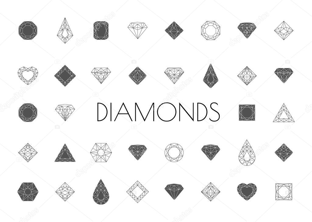 Jewels and diamonds collection. Diamonds gems, luxury jewel gemstones and precious gem. Crystal gemstone, jeweler gems precious or jeweller brilliant treasure. Isolated vector line icon set