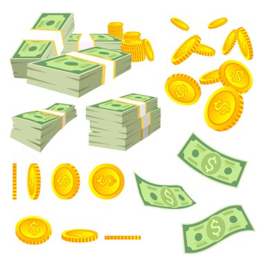 Dolar banknotları ve altın paralar. 