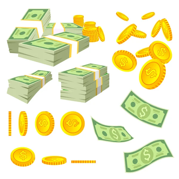 Dolar banknotları ve altın paralar. 