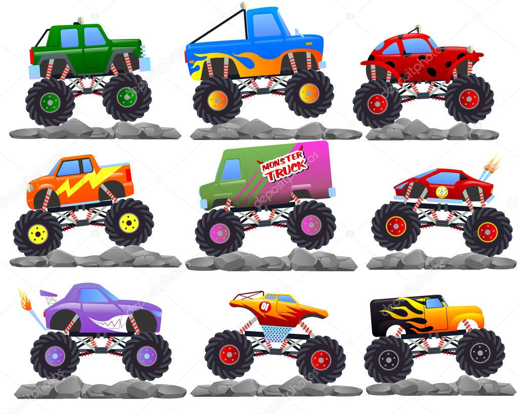 Monster cars. cartoon cars with big wheels