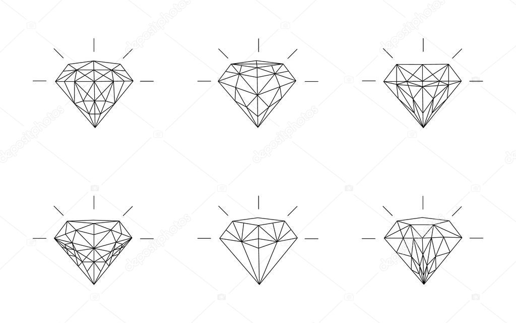 Jewels and diamonds collection. Diamonds gems, luxury jewel gemstones and precious gem. Crystal gemstone, jeweler gems precious or jeweller brilliant treasure. Isolated vector line icon set
