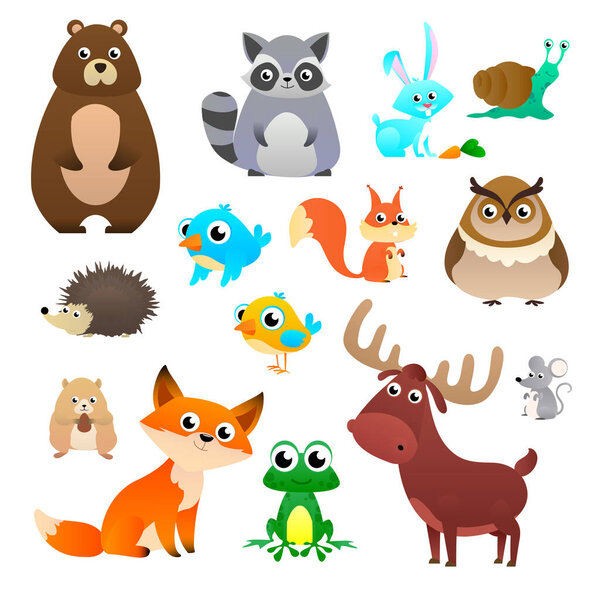 Big vector set forest animals in cartoon style