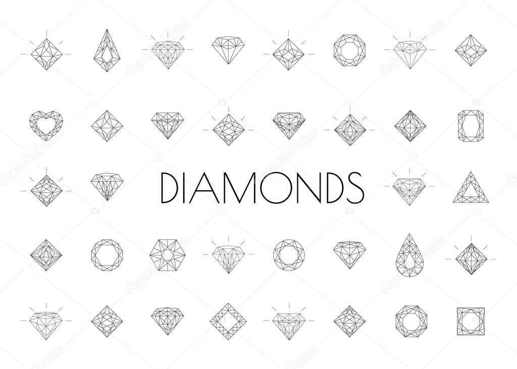 Crystal stone line icons symbol set vector illustration. Jewels diamond icons. Diamonds gems, luxury jewel gemstones and precious gem.