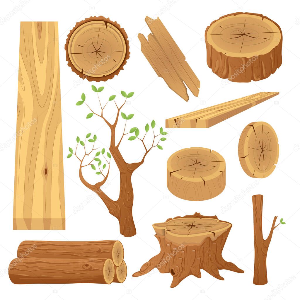 Collection of tree logs, planks, stump