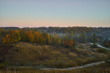 Sabahları kırmızı ve turuncu yapraklı sonbahar ormanı sisli ve yollu. Güneşin doğuşunda dramatik gökyüzü olan açık hava manzarası.