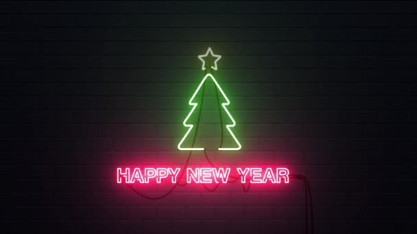 Filmato Neon Segno Sfondo Con Felice Anno Nuovo Segno Con — Video Stock