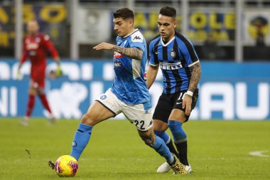 Milan, Italy - 12/02/2020: Coppa Italia - Inter vs Napoli 0-1. Giovanni Di Lorenzo, Napoli, and Lautaro Martinez, Inter.