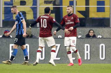 MILAN, ITALY - FEBRUARY 17, 2020:Ante Rebic, and team mates of Milan celebrating goal.