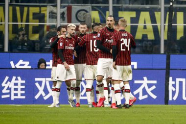 MILAN, ITALY - FEBRUARY 17, 2020:Ante Rebic, and team mates of Milan celebrating goal.