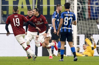 MILAN, ITALY - FEBRUARY 17, 2020:Zlatan Ibrahimovic, and team mates of Milan celebrating goal.