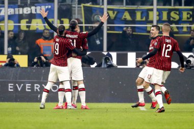 MILAN, ITALY - FEBRUARY 17, 2020:Zlatan Ibrahimovic, and team mates of Milan celebrating goal.
